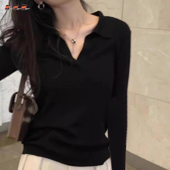 杜拉妮黑色polo领打底衫女士初秋内搭2025新款修身长袖t恤上衣ins