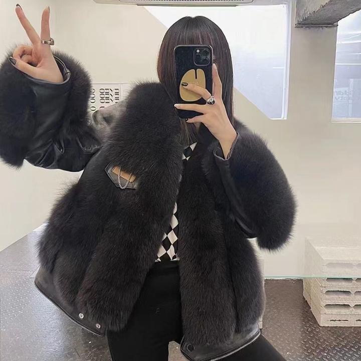 DOUSHEHUI   袖口拉链狐狸毛绵羊皮皮草服饰外套