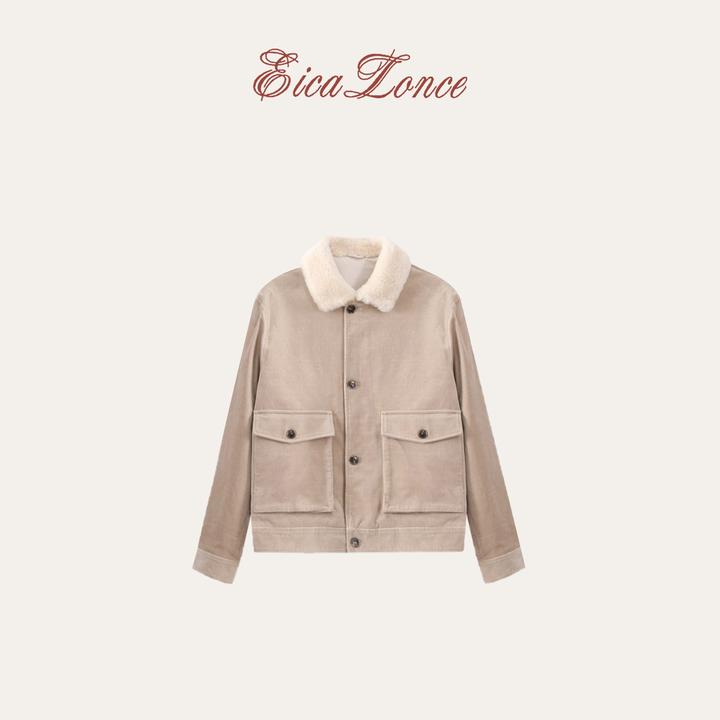 意卡伦萨 T*DS热魅丽棉老钱风秋冬保暖灯芯绒羊羔毛领棉衣SRX8603