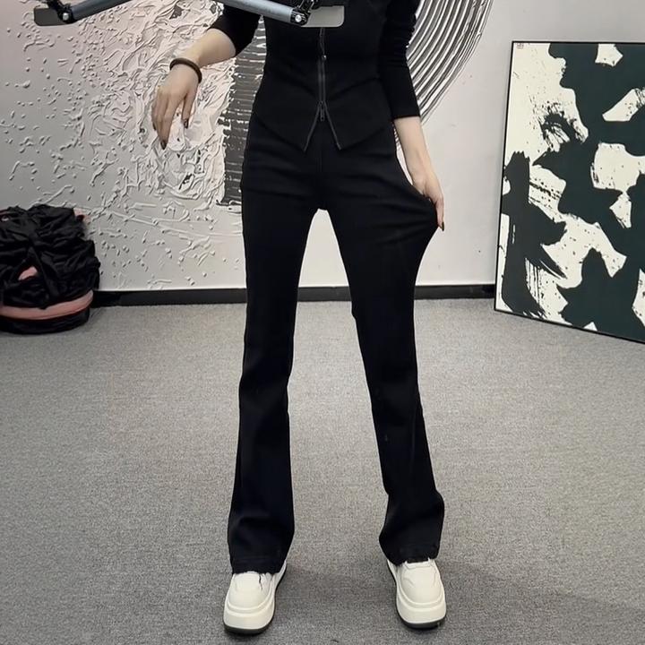 秋季新款高腰显瘦牛仔马蹄裤大码女百搭弹力修身黑色直筒微喇长裤