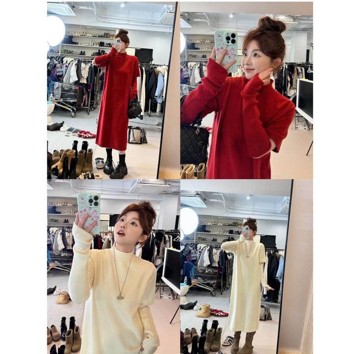 晶咕【莫妮卡！】纯色半高领卷边搭可拆卸袖套针织连衣裙