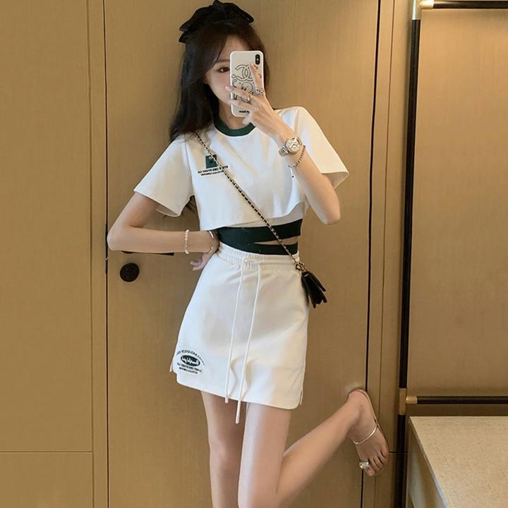 拼接半身裙运动上衣背心短袖短裙甜美夏季内搭三件套百搭套装辣妹