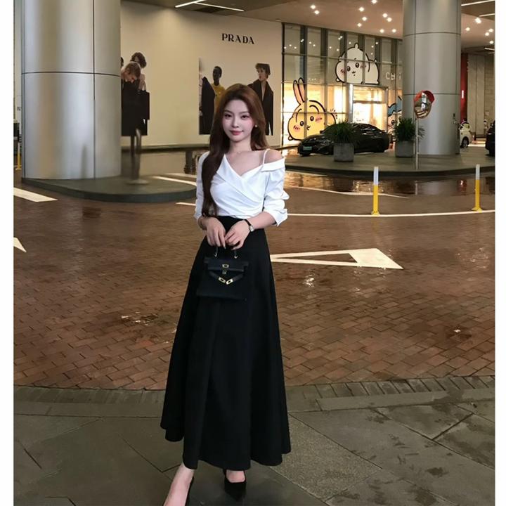 白色一字肩衬衫半身裙2025秋季气质韩系修身显瘦许我耀眼同款套装