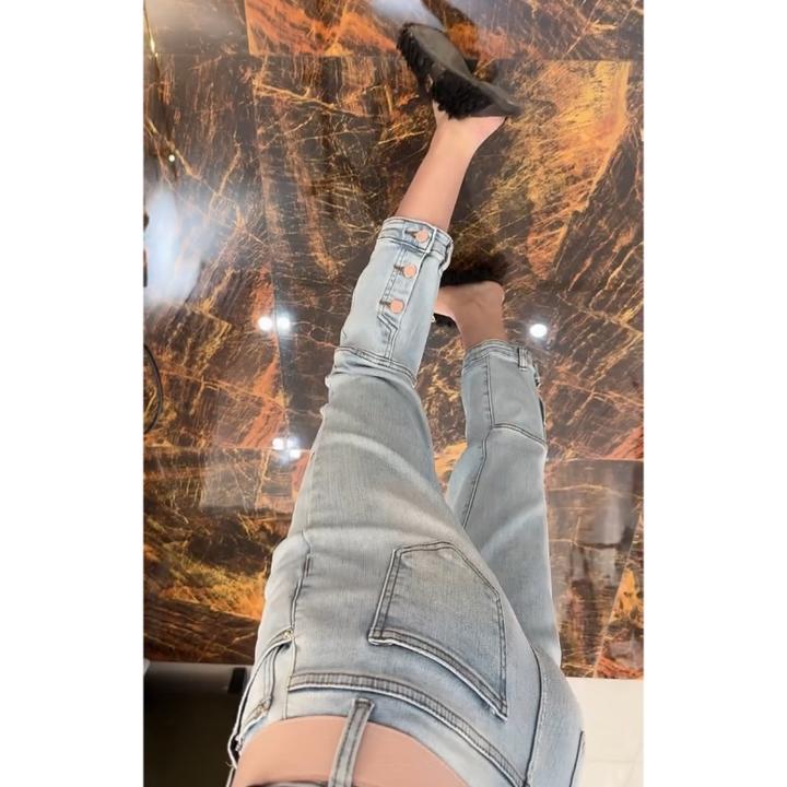 Aimeerosa/艾洛莎牛仔裤高腰显瘦八分裤潮流时尚百搭多扣烟管裤女