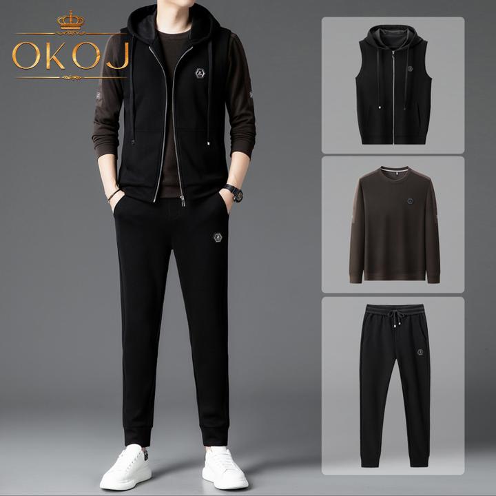 OKOJ休闲三件套男时尚百搭开衫马甲圆领卫衣秋冬新款户外运动套装