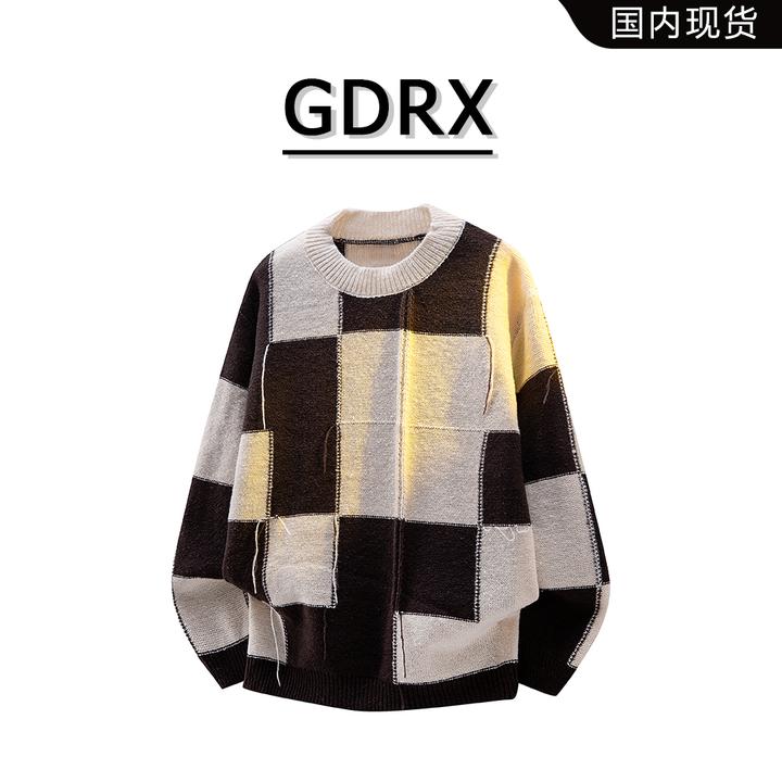GDRX美式复古拼色格子毛衣男秋冬季新款宽松休闲撞色针织衫上衣