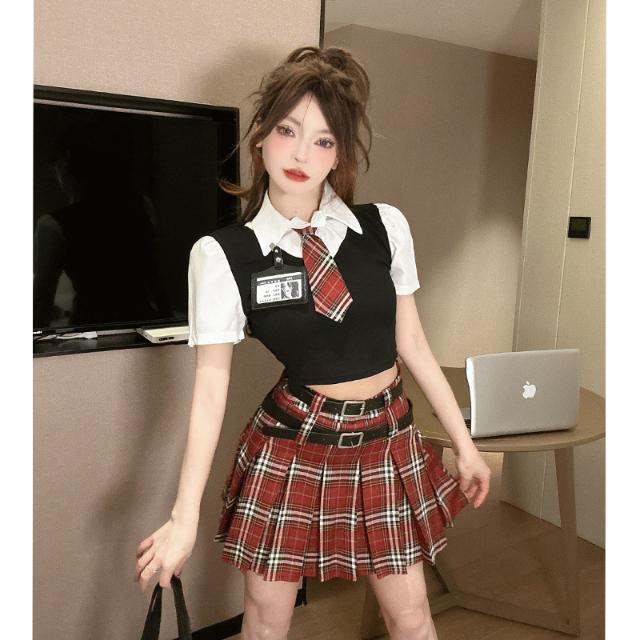 辣妹JK美式学院风制服假两件衬衫收腰显瘦上衣高腰格子半身裙套装