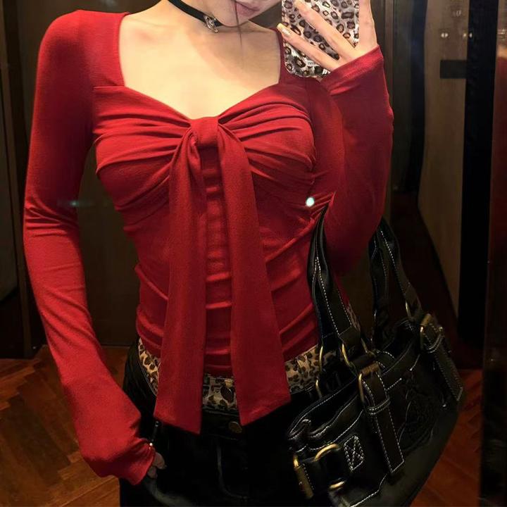 辣妹红色蝴蝶结长袖T恤女春季小众设计感收腰短款打底衫内搭上衣