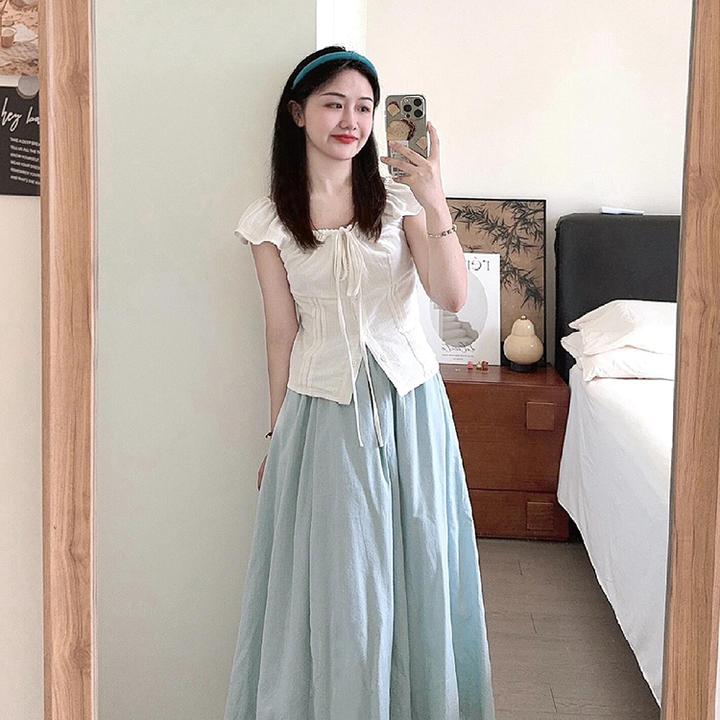 2025夏季新法式小个子盐系气质穿搭白色系带衬衫高腰半身裙两件套