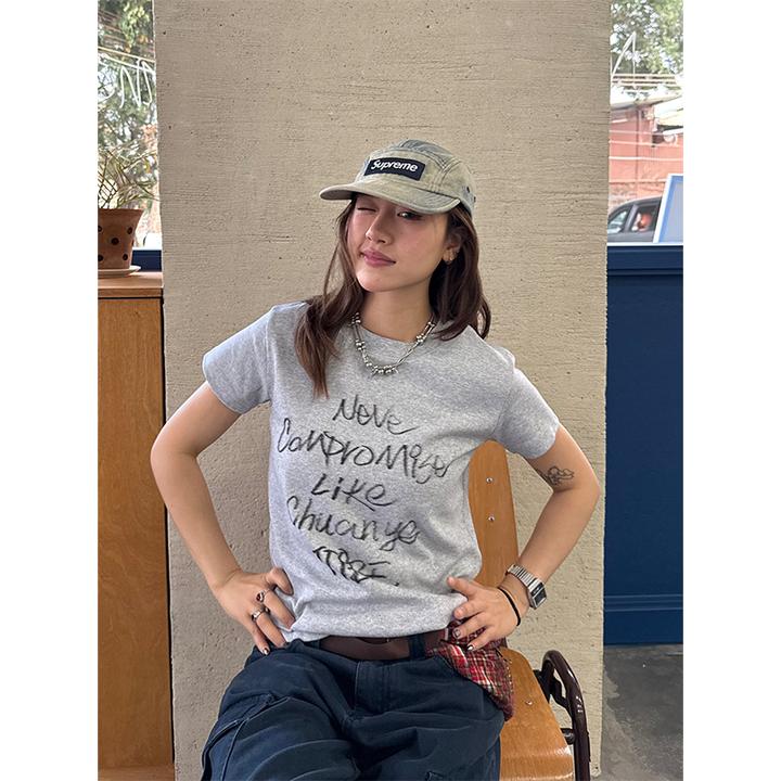 川川也CCYE美式复古字母修身正肩短袖印花显瘦微宽松t恤上衣圆领