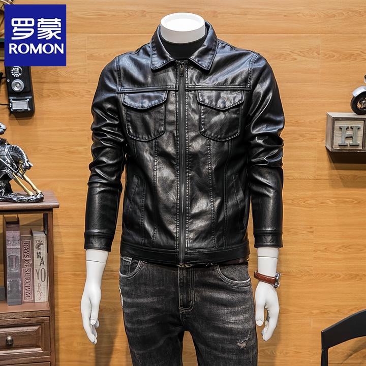 罗蒙秋冬季软皮衣外套男拉链夹克潮流新款休闲男装翻领百搭皮上衣