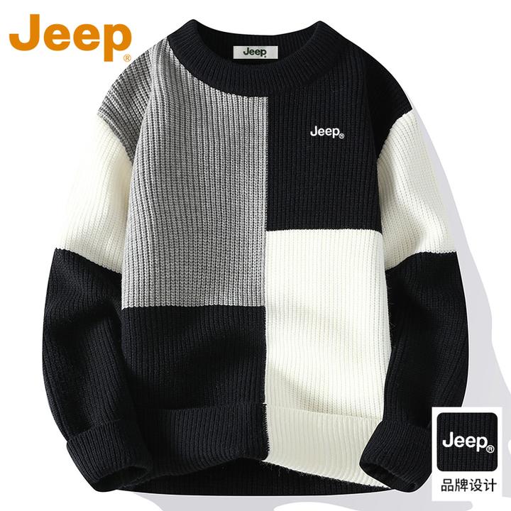 JEEP吉普美式拼色男士毛衣冬季2025新款加厚针织衫宽松圆领打底衫