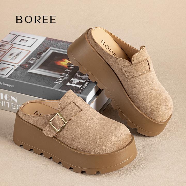 Boree/宝人勃肯拖纯色复古搭扣时尚高跟包头款休闲风半拖休闲