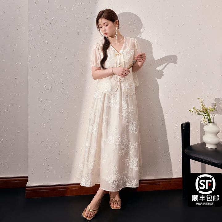 蓝语大码女装新中式天丝绣花吊带连衣裙轻薄开衫2025夏季漂亮套装