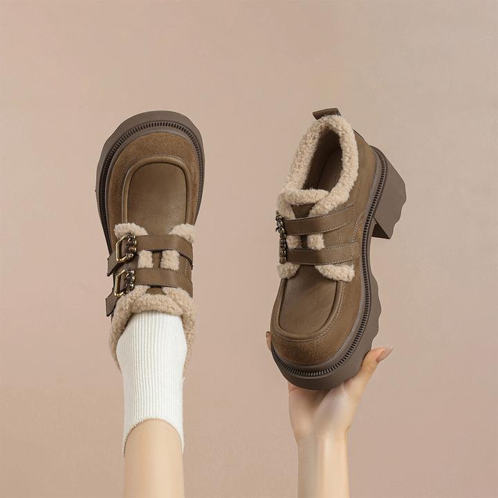 华耐加绒乐福鞋女2025冬季新款厚底增高小皮鞋加绒保暖毛毛鞋棉鞋