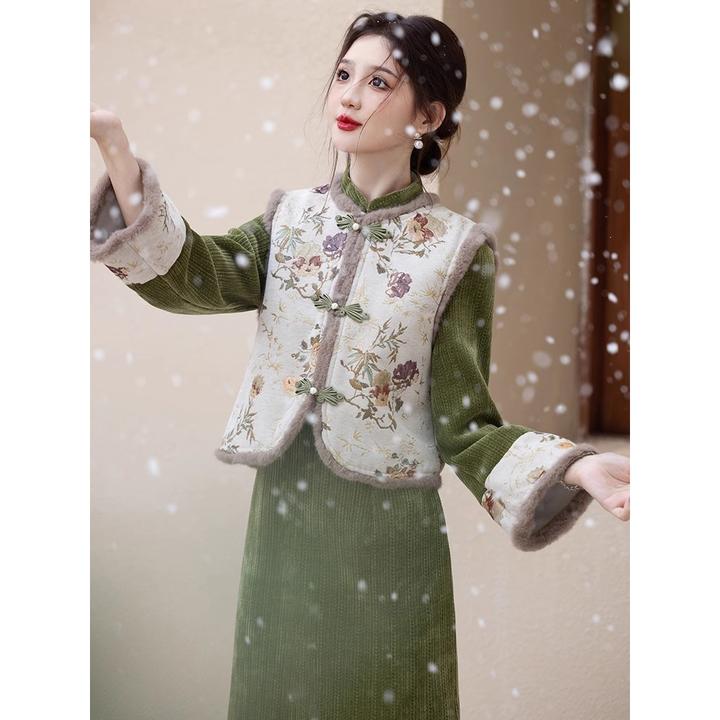 新中式国风旗袍夹棉马甲两件套2024冬季改良年轻款长袖加厚日常穿