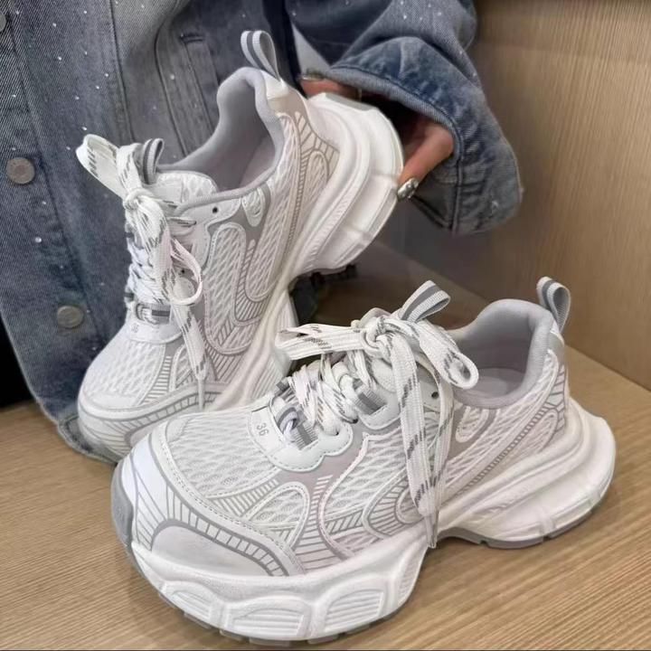 真皮厚底老爹鞋女2025夏秋新款轻便软底透气网面休闲运动鞋潮