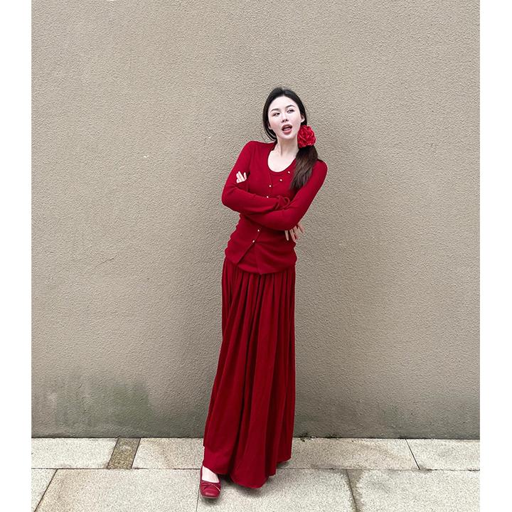 复古高级时尚套装裙女秋季轻奢针织开衫背心上衣高腰半身裙三件套