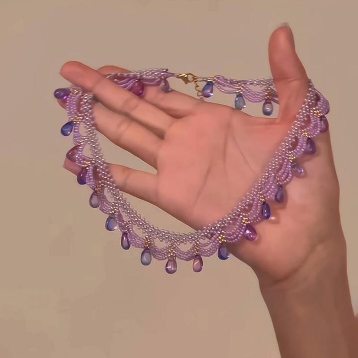 非金属仿水晶项链 法式紫色水滴蕾丝项链轻奢气质高级感锁骨链女