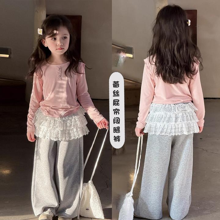 女童秋装裤蕾丝屁帘阔腿裤女童裤子小公主洋气穿搭炸街儿童休闲裤