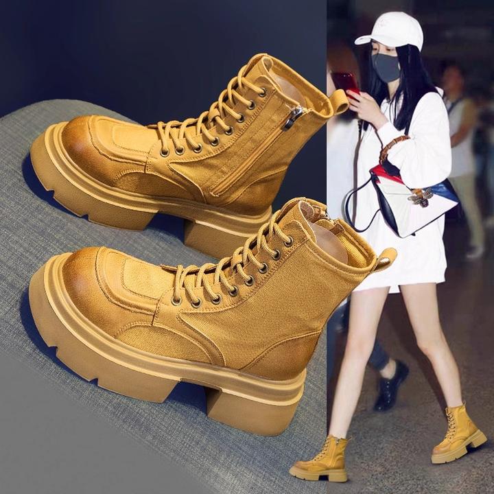 踢不烂大黄靴马丁靴女小个子2025新款春秋复古百搭真皮厚底短靴子