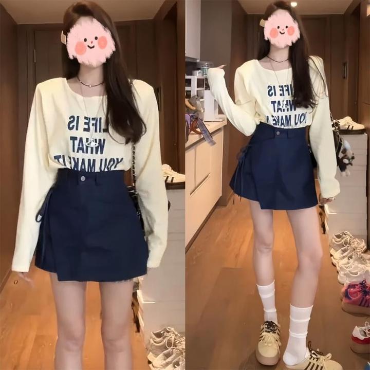 2025夏季韩式新款字母印花长袖T恤百搭半身裙两件套女休闲风套装