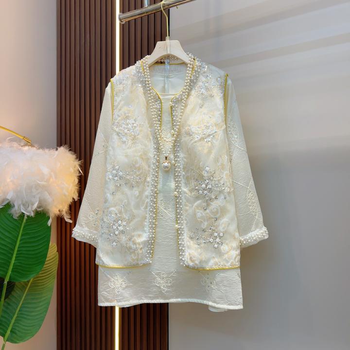 欧洲站2025新款国风减龄重工亮片设计感时尚胖MM马甲套装