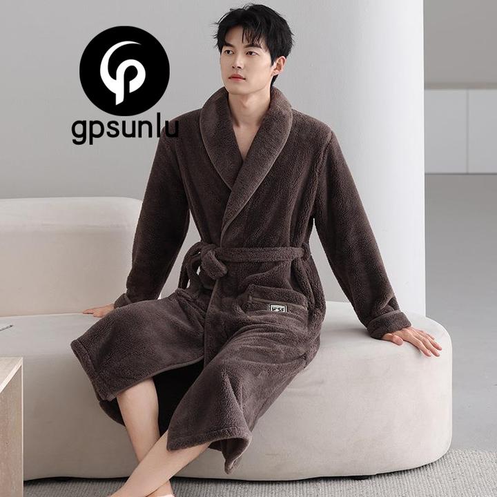 gpsunlu珊瑚绒睡袍男士睡衣秋冬新款加绒加厚保暖法兰绒中长款