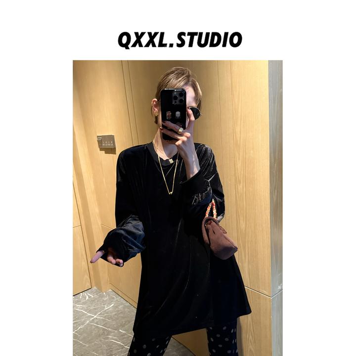 邱小小丽呀 秋冬新款丝绒高级感纯色T恤女宽松显瘦百搭长袖上衣