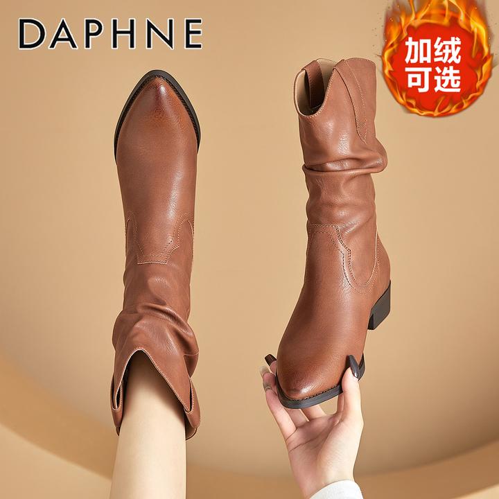 达芙妮尖头西部牛仔靴女2025冬季爆款棕色中筒堆堆靴粗跟骑士短靴
