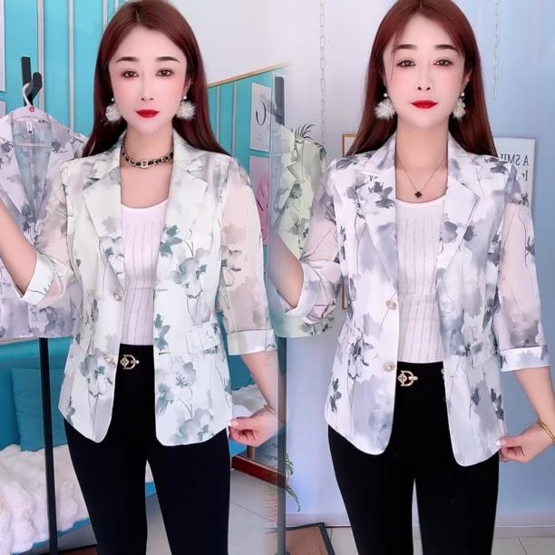时尚印花七分袖西装外套女2025夏季新款宽松显瘦洋气妈妈薄款西服