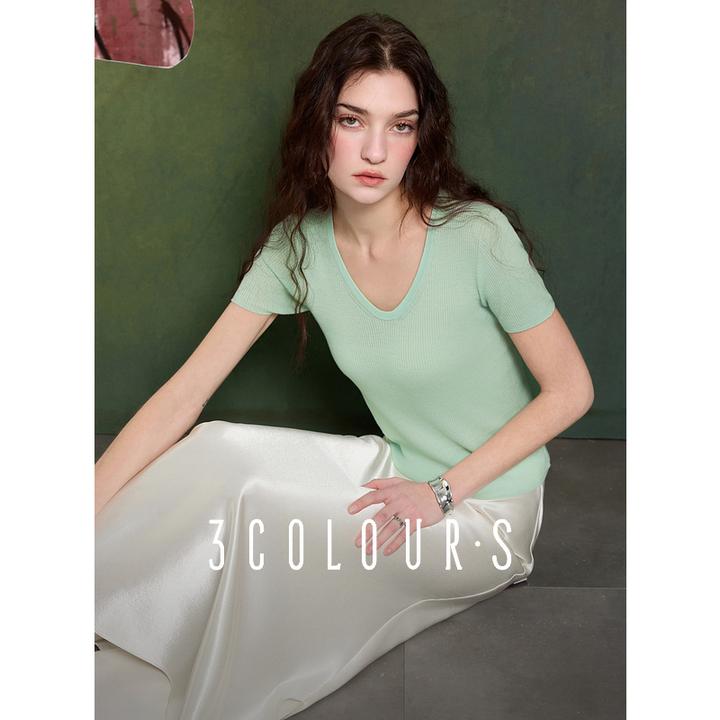 【100绵羊毛针织衫】三彩2025春季新款无缝一体修身短袖T恤女S