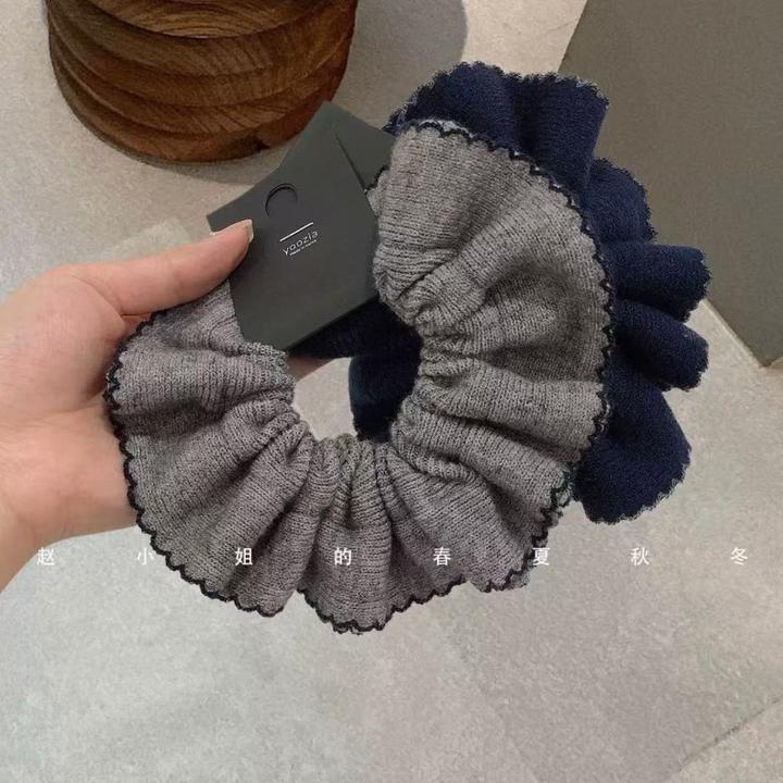 法式慵懒风扎低马尾发绳成人秋冬新款针织毛线蓝色系纯色大肠发圈