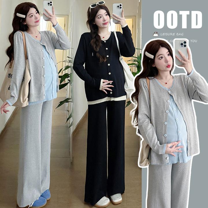 孕妇装早秋新款时尚显瘦休闲宽松洋气潮流撞色圆领针织两件套