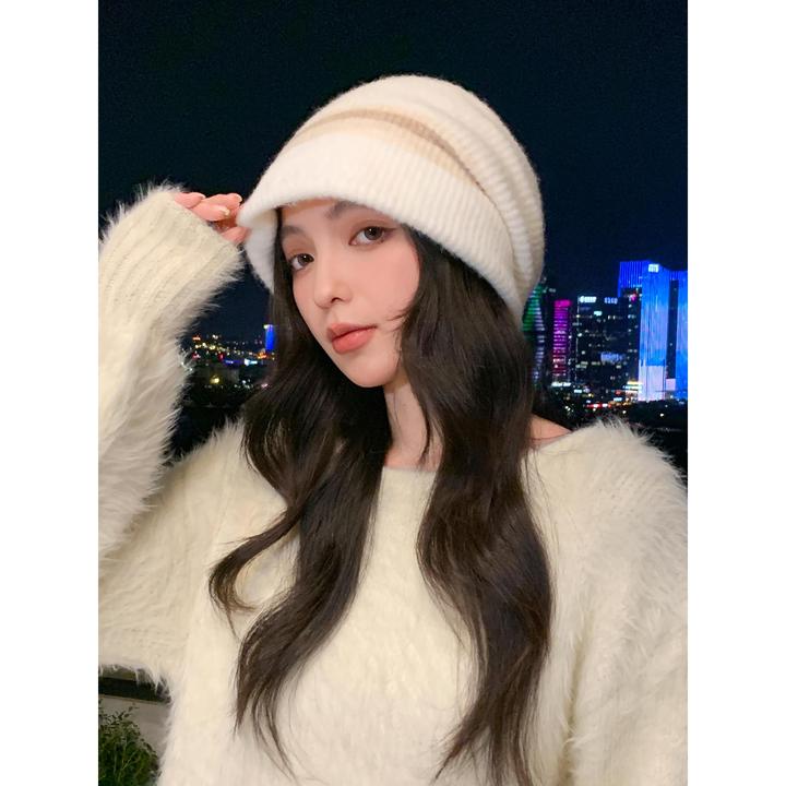 Miss both新款条纹撞色条纹针织帽女秋冬季百搭显脸小保暖堆堆帽