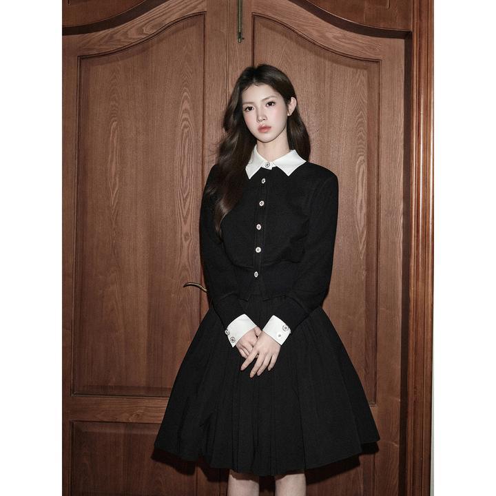 AVENEMENT撞色翻领假两件针织外套千金风洋气长袖上衣开衫女秋冬