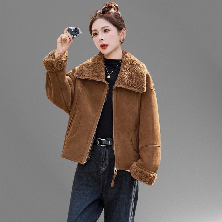 皮毛一体羊羔毛短外套女冬2025新款高端洋气加厚鹿皮绒机车服上衣