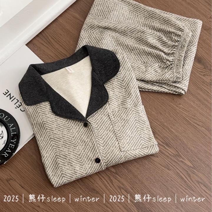 『轻奢老钱』秋冬睡衣女亲肤双面磨毛绒保暖撞边高级长袖家居服套装