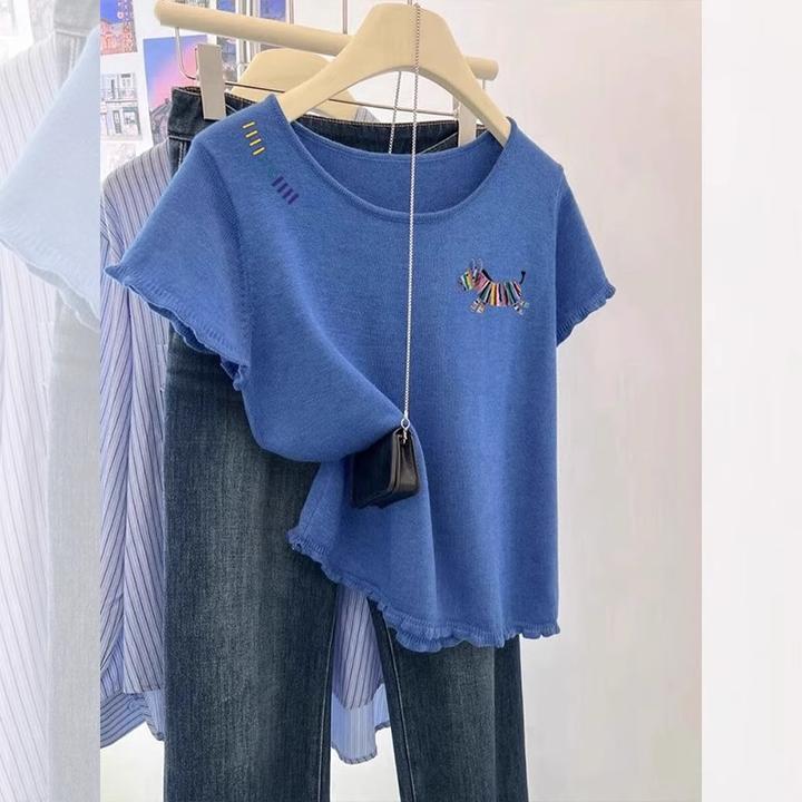 大码彩虹小马蓝色圆领针织短袖T恤女2025年夏季新款减龄百搭上衣