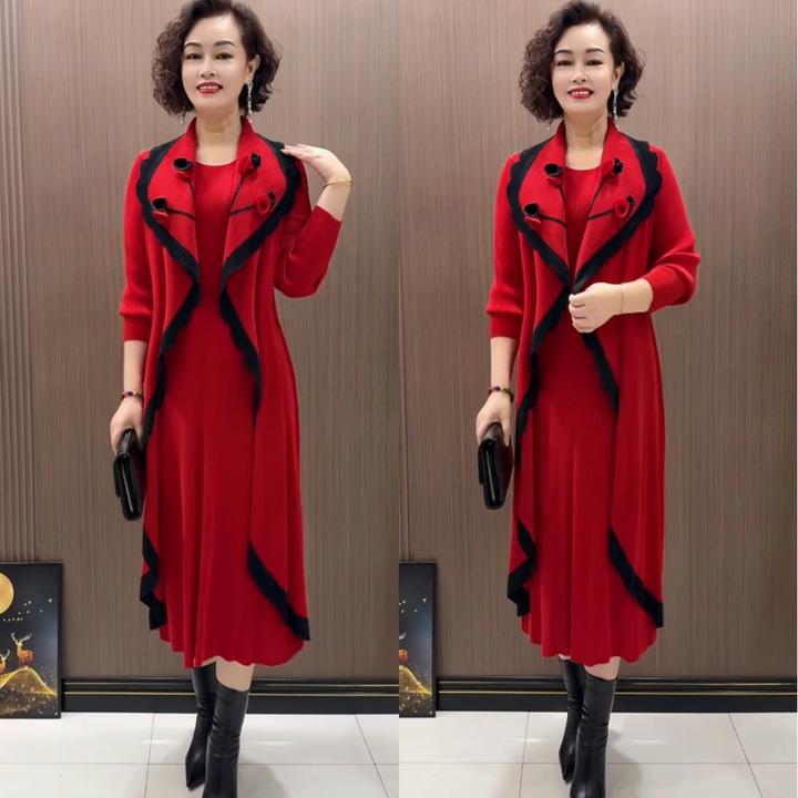 妍洋气妈妈褶皱风衣连衣裙高端礼服三宅套头中长款婆婆假两件套裙