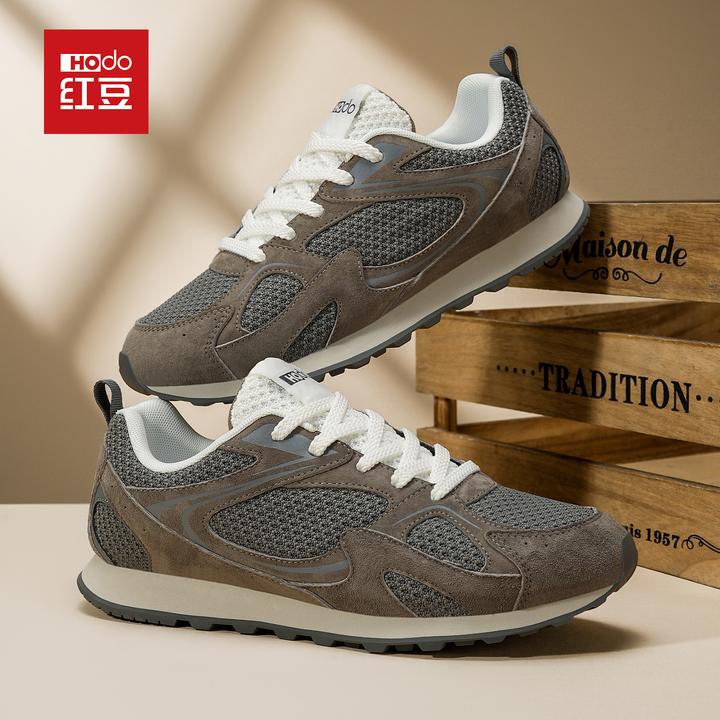 Hodo/红豆男鞋秋冬反绒新款拼网面老爹鞋运动户外软底跑步德训鞋