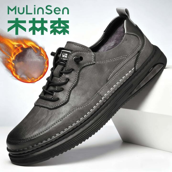木林森男鞋秋冬季商务皮鞋低帮真皮加绒英伦风休闲工装款男士皮鞋