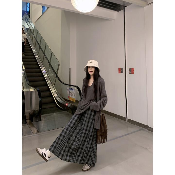 慵懒风复古长袖开衫外套吊带背心女秋季套装高腰格子半身裙三件套