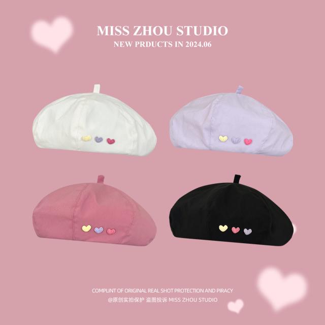 日系甜妹爱心贝雷帽女夏季薄款可爱多巴胺画家帽显脸小蓓蕾帽子