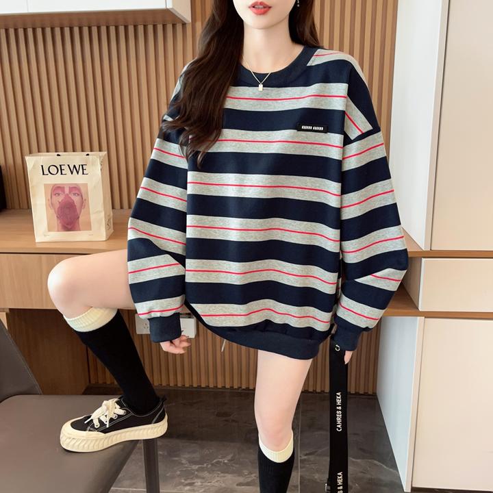 网红中长款拼色卫衣女秋季爆款宽松oversize休闲炸街大码遮臀上衣
