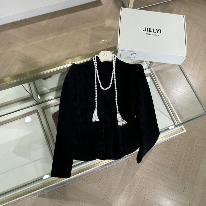 JILLYI【暗夜深黑】黑色半高领打底针织衫秋季纯色修身百搭