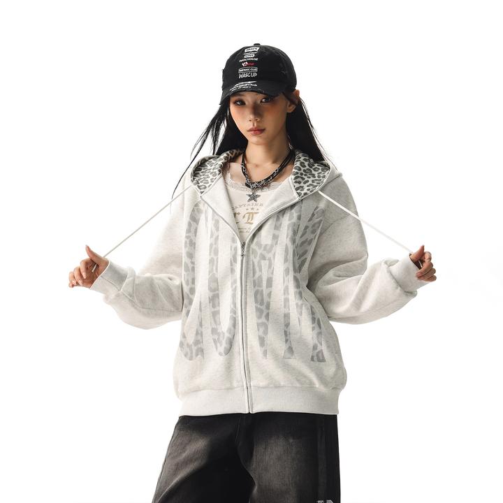 CTB啤酒队长 美式复古豹纹恶魔角连帽卫衣女宽松慵懒开衫秋冬外套