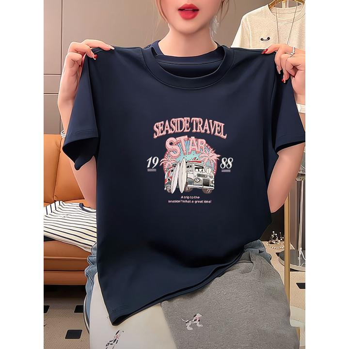 2025年夏季新款正肩纯棉短袖T恤女设计感藏青色半袖爆款洋气上衣