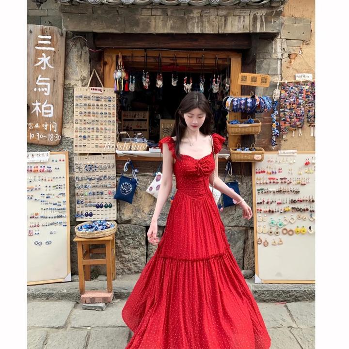【海岛繁花】小飞袖露背连衣裙女显瘦温柔百搭海边度假连衣裙红色