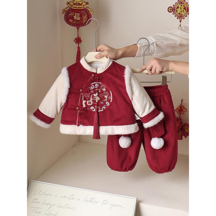 冬款中国风过年服周岁拜年服儿童生日礼服套装男女宝宝两件套厚